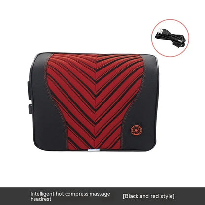 Black and orange electric massage heating car headrest and lumbar support cushion on a vehicle seat.
