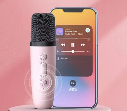 Portable Bluetooth karaoke microphone speaker with coloured LED lights in pink colour option showing microphone input and control buttons