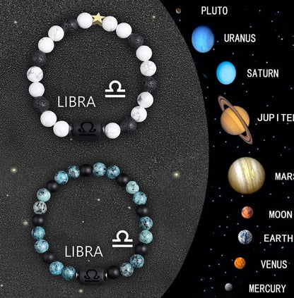 Twelve Zodiac Sign beaded bracelet set with natural stone beads and stainless steel clasp on wrist