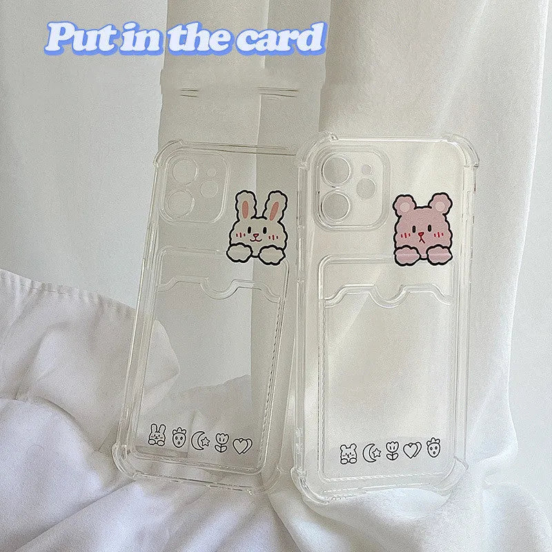 Cartoon transparent TPU phone case with card holder for iPhone, showing painted design and slim fit