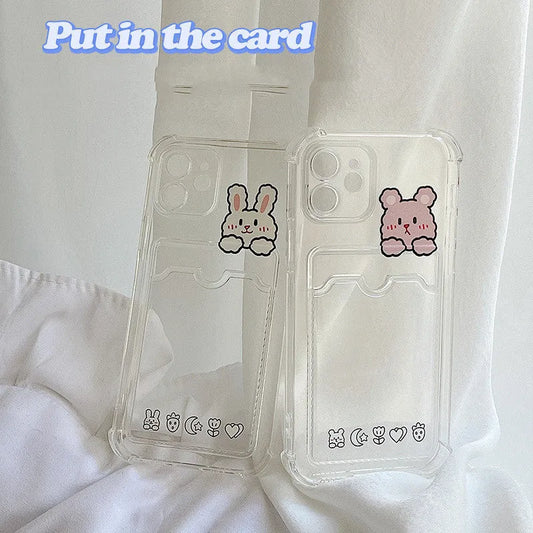 Cartoon transparent TPU phone case with card holder for iPhone, showing painted design and slim fit