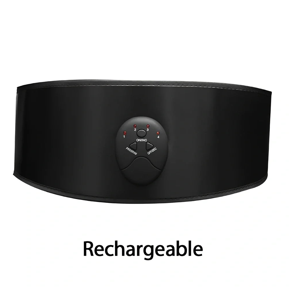 Black abdominal slimming belt with vibration unit and adjustable leather strap for muscle stimulation