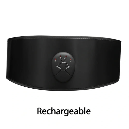 Black abdominal slimming belt with vibration unit and adjustable leather strap for muscle stimulation