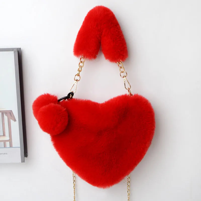 Women's soft plush heart-shaped handbag with shoulder strap in multiple solid colours