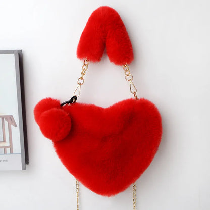 Women's soft plush heart-shaped handbag with shoulder strap in multiple solid colours