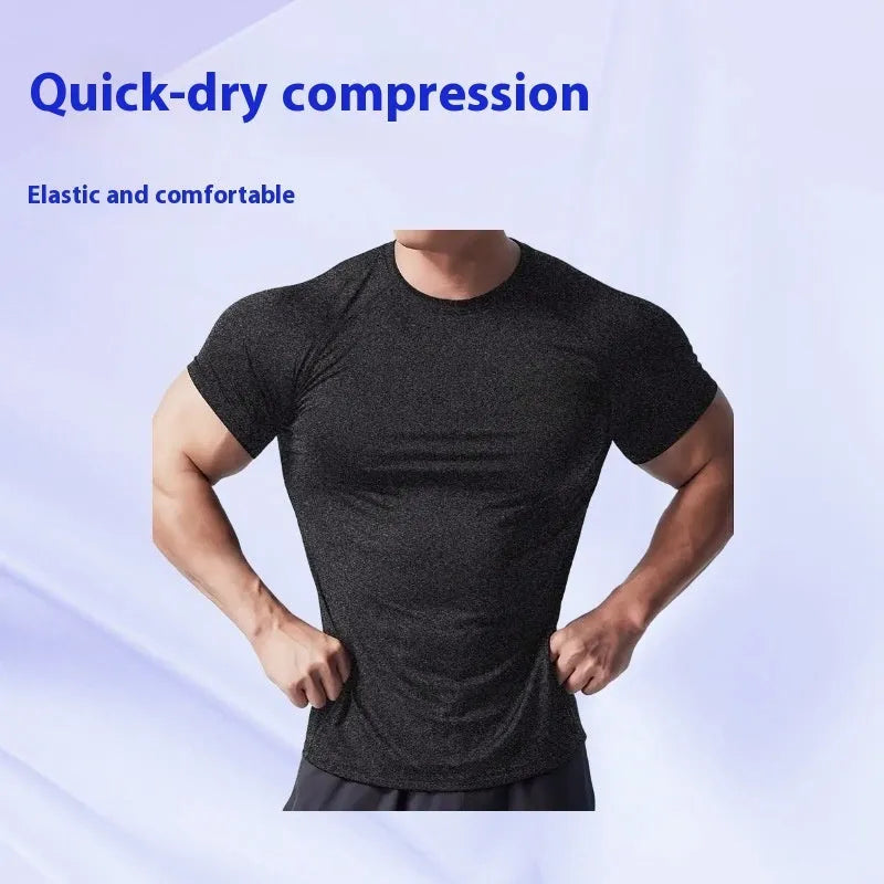 Men's Casual Short Sleeve T-Shirt made from quick-drying polyester fabric in a stretchy, comfortable fit, available in sizes S to 3XL and colours Black, Gray, Green, and Pink, ideal for running, casual wear, and seasonal use in spring, summer, and autumn.