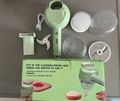 Green wireless vegetable cutter with stainless steel blade and transparent container for food processing
