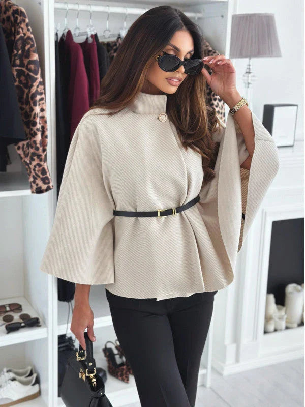 Stylish batwing cloak jacket with belt, available in various colors for women's fashion and outerwear