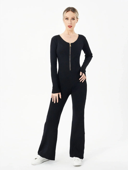 Zippered round neck flared trousers in black, white, khaki, and brown, showcasing the unique design and comfortable fit.