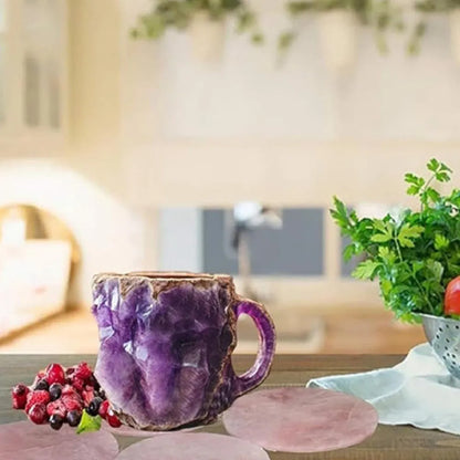 400ml resin mineral crystal coffee mug with handle in assorted colours including purple, blue, and pink.