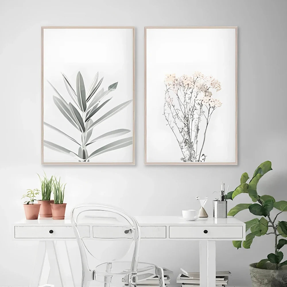 Frameless canvas painting with detailed flower, grass and leaf botanical patterns in Nordic style