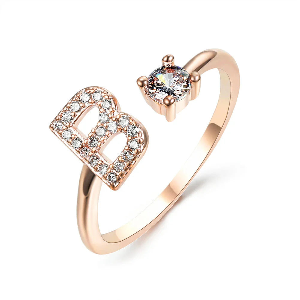Personalized Initial Letter Adjustable Ring made of copper alloy and zircon, showcasing a vintage-inspired design