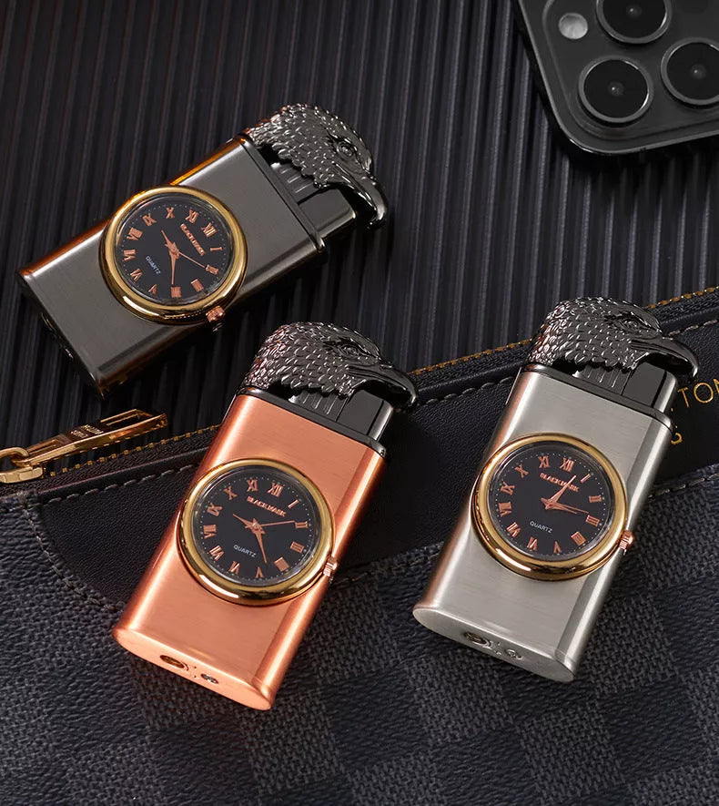 Eagle Head Double Fire Gas Lighter with watch plate design in Black Ice finish