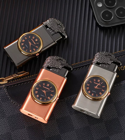 Eagle Head Double Fire Gas Lighter with watch plate design in Black Ice finish