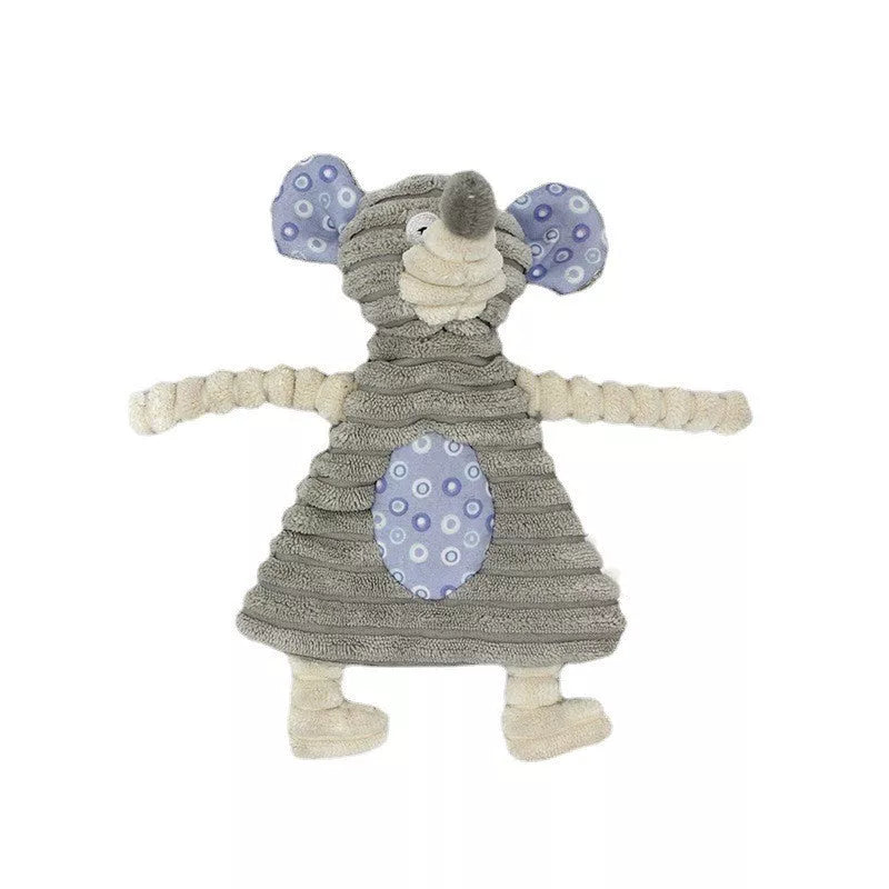 Donkey-shaped corduroy chew toy for dogs with squeaker, available in white, brown, and gray