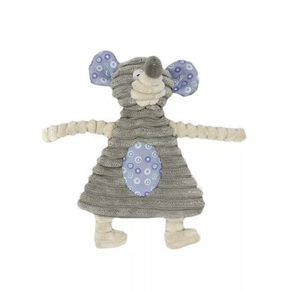 Donkey-shaped corduroy chew toy for dogs with squeaker, available in white, brown, and gray