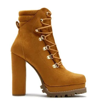 Women's suede high-heel ankle boots in army green with waterproof platform and rivet detailing