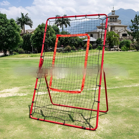 Red adjustable portable baseball training net with metal frame measuring 4x6 feet for ball sports practice
