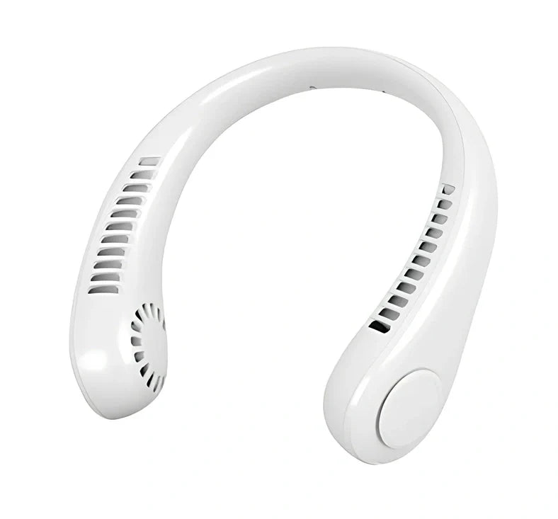 White hanging neck fan with flexible dual wind heads showing 78 air outlets and USB Type-C charging port