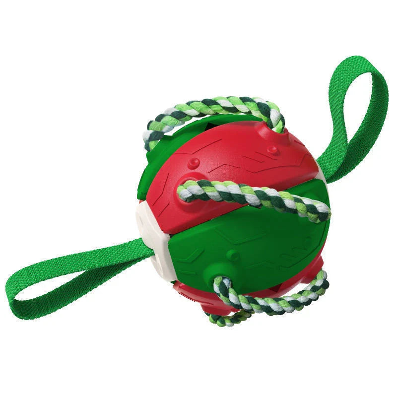 Transforming dog toy that can switch between a ball and frisbee shape, featuring durable construction and interactive play features