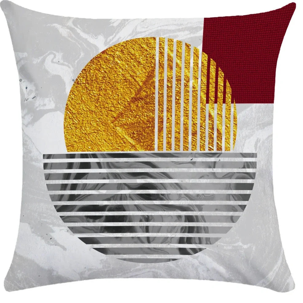 Geometric pattern throw pillow on office sofa showing 45x45cm size with plush fabric texture