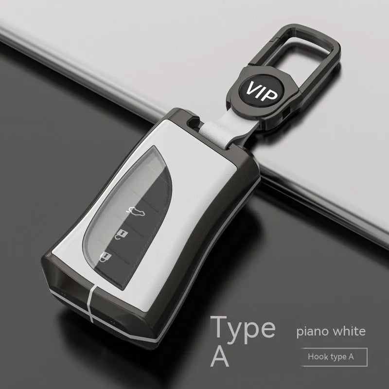 Lexus car key case cover in zinc alloy and TPU shown in black, with optional belt buckle attachment.