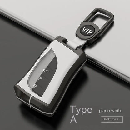 Lexus car key case cover in zinc alloy and TPU shown in black, with optional belt buckle attachment.