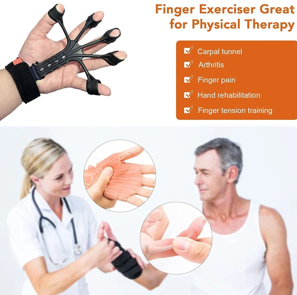 Black silicone finger rehabilitation trainer with adjustable resistance belt for hand exercises