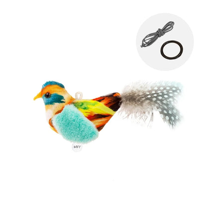 Bird simulation cat plush toy in four summer colour designs: colourful bird, sparrow, blue kingfisher and yellow bird
