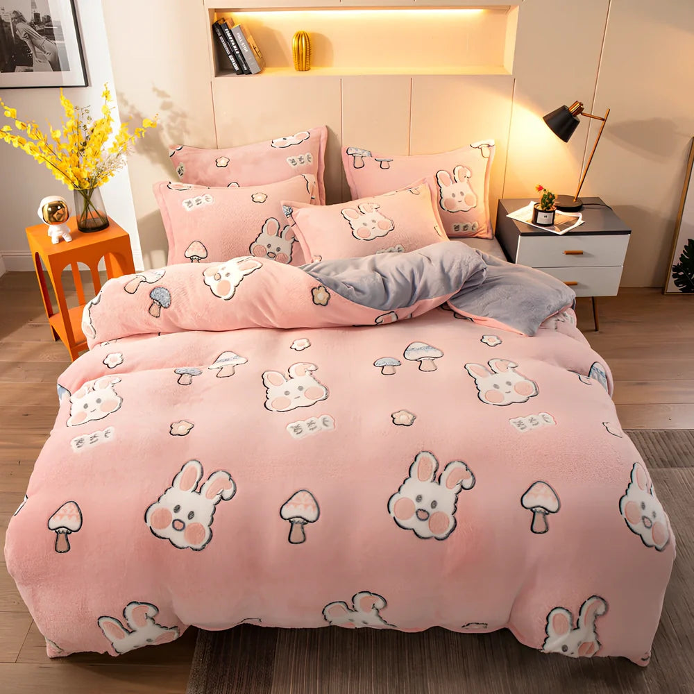 Four-piece velvet bedding set with quilt cover, bed sheet, and pillowcases for 1.8m bed in Bunny colour