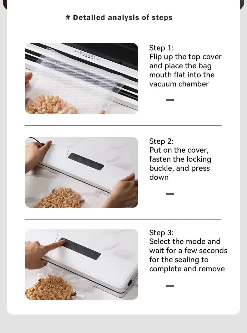 White automatic vacuum sealer on a kitchen counter, showing compact design with one-touch button for food preservation.