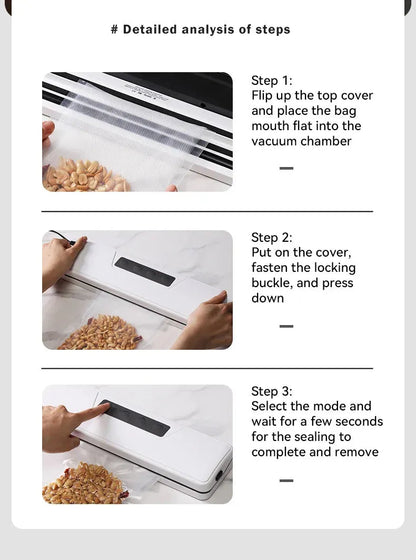 White automatic vacuum sealer on a kitchen counter, showing compact design with one-touch button for food preservation.