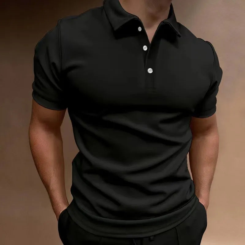 Men's grey loose-fit cotton blend t-shirt with a button detail and short sleeves.