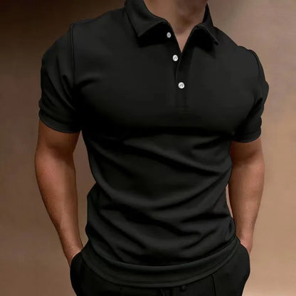 Men's grey loose-fit cotton blend t-shirt with a button detail and short sleeves.