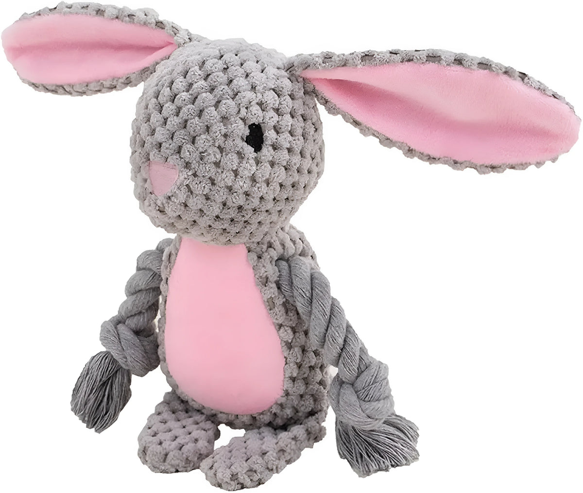 Interactive dog plush toy with squeaker, crinkle paper, and cotton rope in animal designs