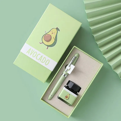 Metal beginner calligraphy fountain pen with gift box, available in Avocado, Bear, and Little dinosaur styles.