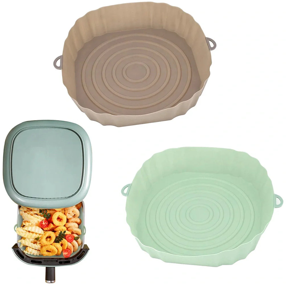 Silicone air fryer basket liner in light grey colour showing 4.5cm depth and flexible design for round air fryers