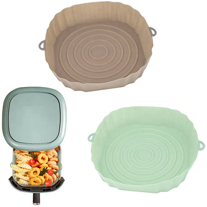 Silicone air fryer basket liner in light grey colour showing 4.5cm depth and flexible design for round air fryers