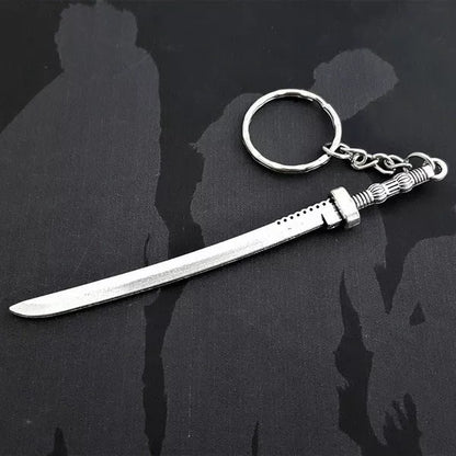 Zombie Katana Keychain with silver electroplated alloy design inspired by samurai swords
