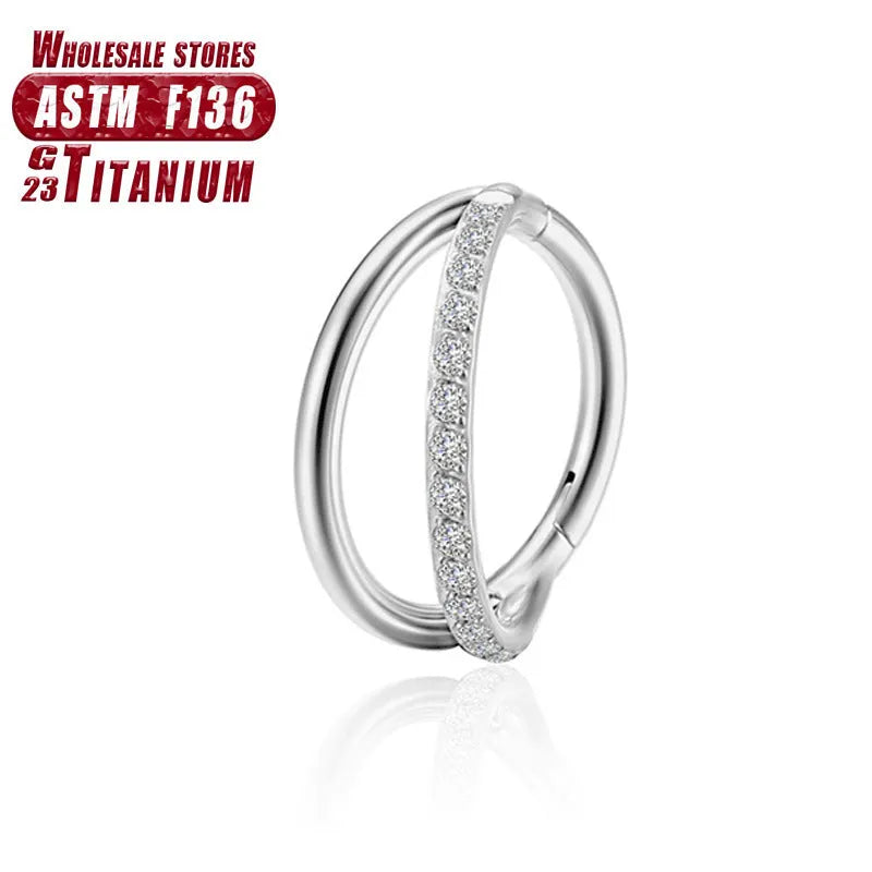 Titanium alloy fork nose ring with diamond treatment in silver finish, showing 1.2mm diameter and fork design
