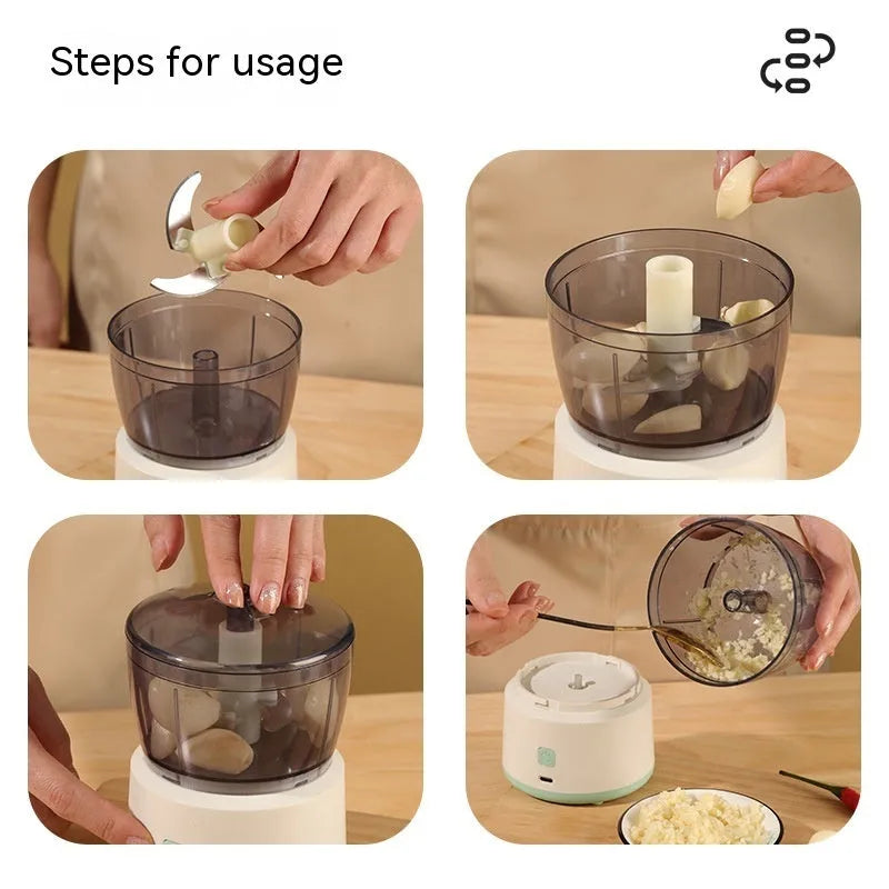 Mini electric meat grinder with transparent cup and stainless steel blades
