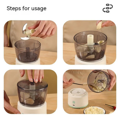 Mini electric meat grinder with transparent cup and stainless steel blades