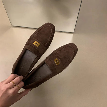 Women's square toe flat loafers in black, khaki, and brown artificial PU, sizes 35 to 40.