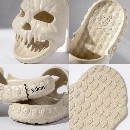 Spooky skull-printed slide sandals in various colors and sizes