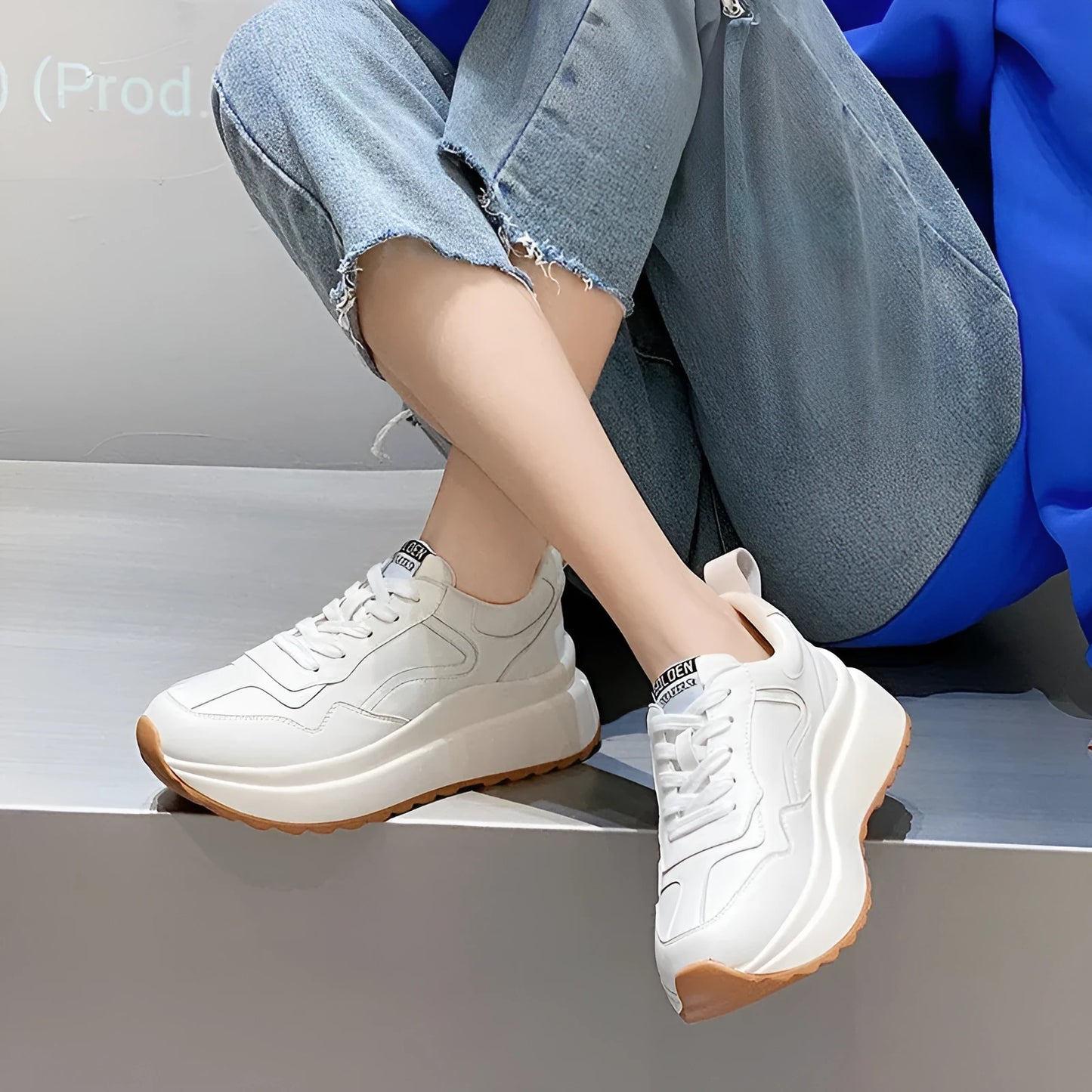 Women's beige cattlehide leather casual sports shoes with mesh lining, cross strap, and English muffin heel