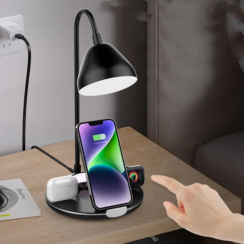 Black and white magnetic folding wireless charger with USB cable showing folded and extended positions