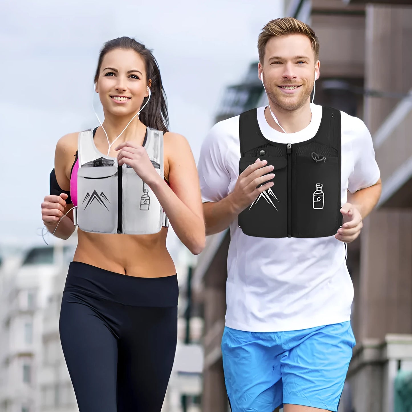 Black breathable mesh running vest with an integrated front pocket for a mobile phone.