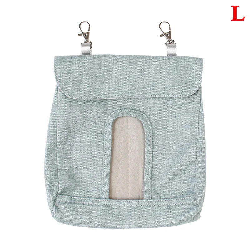 Versatile cloth feeding bags for small pets like rabbits, guinea pigs, hamsters, and chinchillas, available in grey and blue colors in small, medium, and large sizes