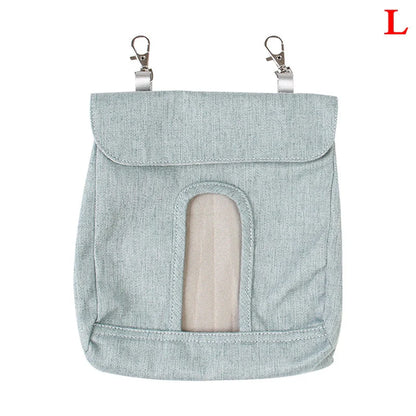 Versatile cloth feeding bags for small pets like rabbits, guinea pigs, hamsters, and chinchillas, available in grey and blue colors in small, medium, and large sizes