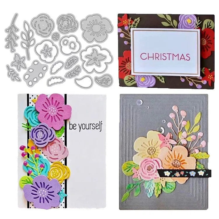 Silver carbon steel flower paper cutting mould measuring 14.3 by 9.9 cm with etched plant design